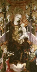 Madonna y Niño entronizados rodeados de ángeles, panel central de un tríptico, 1400-30